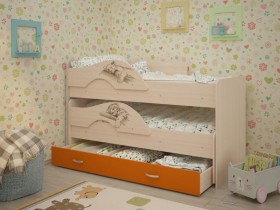 Кровать выкатная Радуга-Сафари детская 1600 Млечный дуб/Оранжевый в Новосибирске - katalogmebeli.com | фото