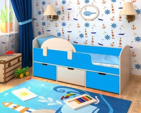 Кровать Малыш-мини с бортиком Дуб молочный/Голубой в Новосибирске - katalogmebeli.com | фото
