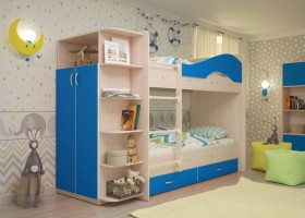 Кровать Мая двухъярусная с ящиками и шкафом Млечный дуб/Голубой в Новосибирске - katalogmebeli.com | фото