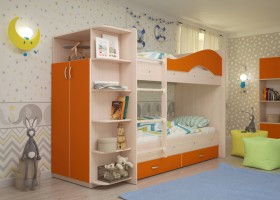 Кровать Мая двухъярусная с ящиками и шкафом Млечный дуб/Оранжевый в Новосибирске - katalogmebeli.com | фото
