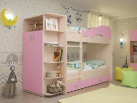 Кровать Мая двухъярусная с ящиками и шкафом Млечный дуб/Розовый в Новосибирске - katalogmebeli.com | фото