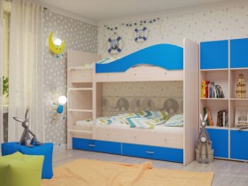 Кровать Мая двухъярусная с ящикамиМлечный дуб/Голубой в Новосибирске - katalogmebeli.com | фото