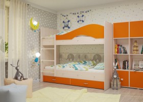 Кровать Мая двухъярусная с ящикамиМлечный дуб/Оранжевый в Новосибирске - katalogmebeli.com | фото 1