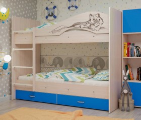 Кровать Мая-Сафари двухъярусная с ящикамиМлечный дуб/Голубой в Новосибирске - katalogmebeli.com | фото