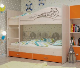 Кровать Мая-Сафари двухъярусная с ящикамиМлечный дуб/Оранжевый в Новосибирске - katalogmebeli.com | фото