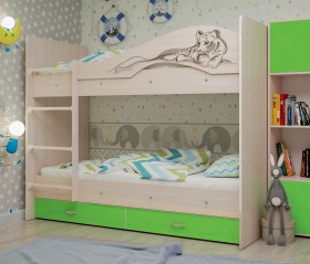 Кровать Мая-Сафари двухъярусная с ящикамиМлечный дуб/Салатовый в Новосибирске - katalogmebeli.com | фото
