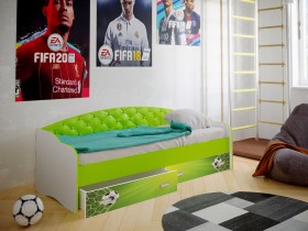 Кровать Софа-8 с мягкой спинкой фотопечать Футбол (900х1900) Белый/Лайм в Новосибирске - katalogmebeli.com | фото