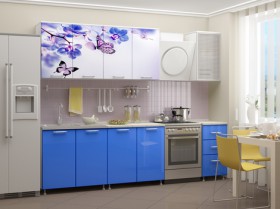 Кухонный гарнитур 2,0м Фортуна (Белый/Синий/Фотопечать Бабочки) в Новосибирске - katalogmebeli.com | фото